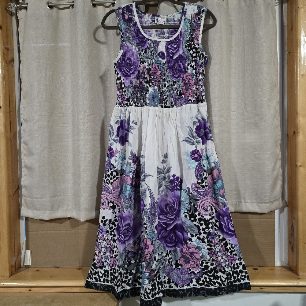 Metropolitan white purple floral print midi ALine 100% Cotton Sleeveless Dress M